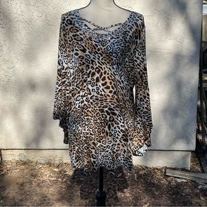 Roaman’s Leopard Print Tunic w/Bell Sleeves, Rhinestone Embellished V-Neck- NEW!